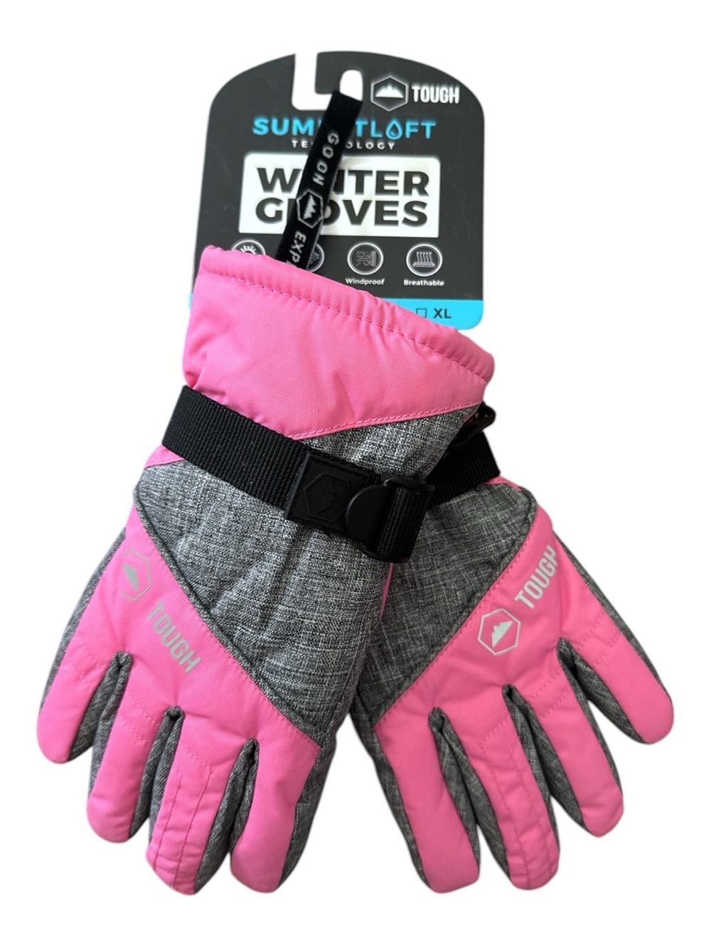 Pink Kids Winter Mittens with Gray Trim - Insulated Windproof Gloves